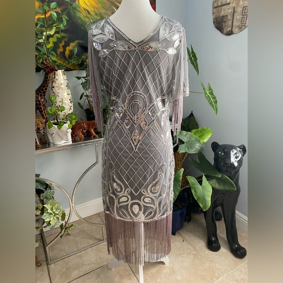 Metme Silver Sequin Fringe Women’s Dress Sz Medium Mermaidcore Balletcore - Picture 8 of 12